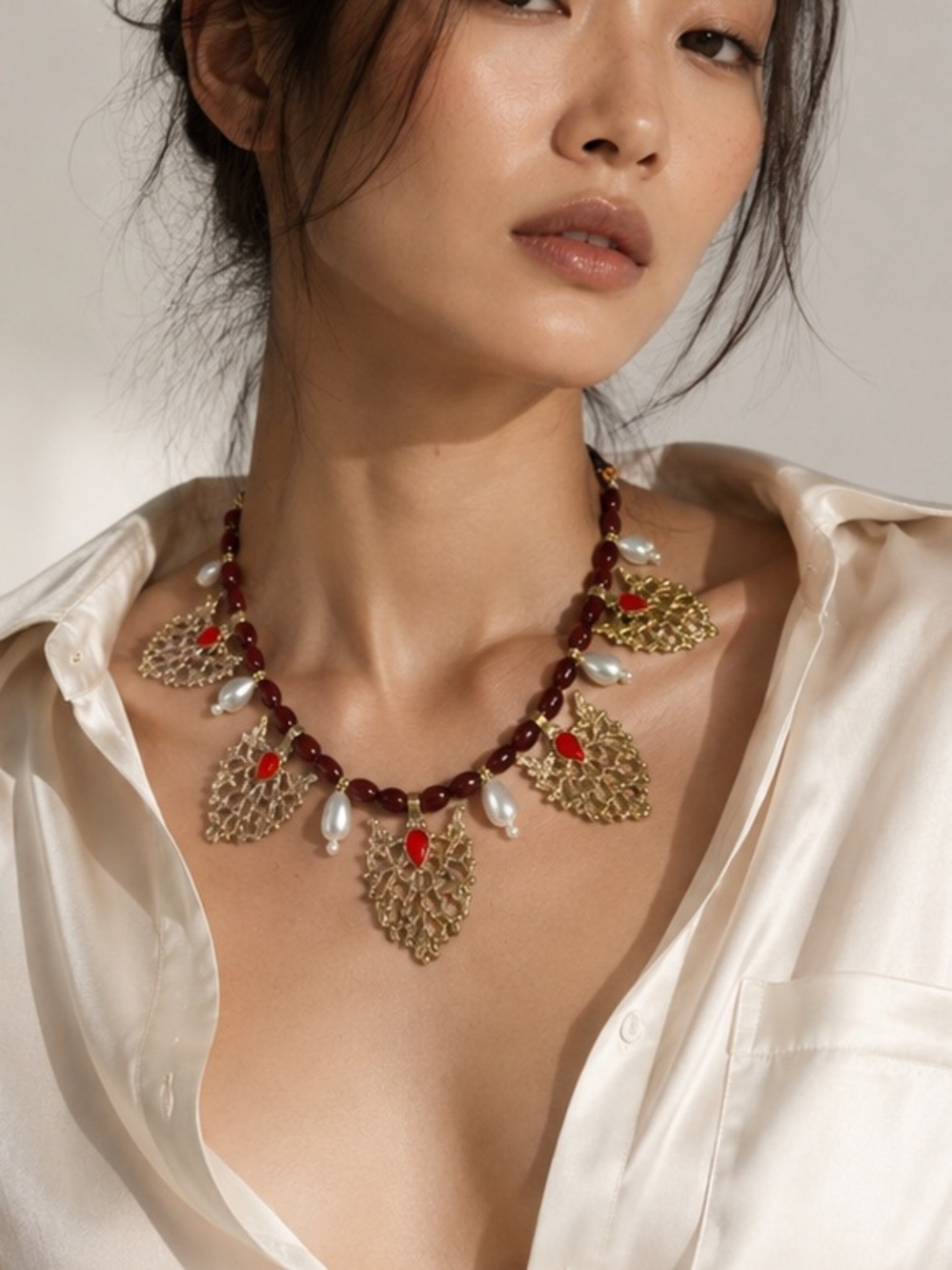 Gold Filigree Leaf Necklace with Deep Red Beads and Pearl Drops